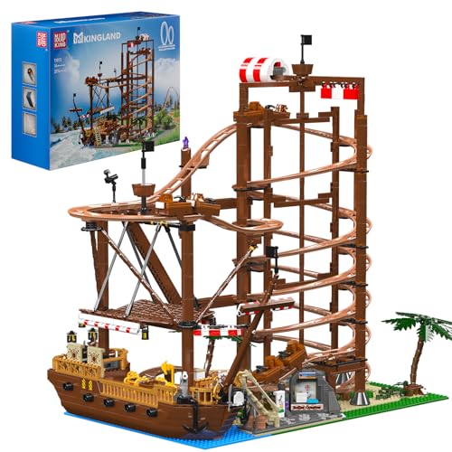 Mould King 11013 Technik Klemmbausteine Achterbahn mit Looping MOC Rollercoaster Vergnügungspark Achterbahn Bausteine Spielzeug mit Piratenschiff Kinder Geschenke(2174 Teile)