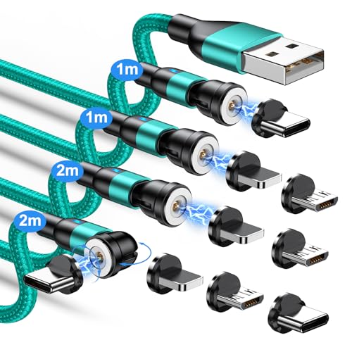 TUNKIA Ladekabel Magnetisch, Magnet Ladekabel 4Stück [1m+1m+2m+2m], 360° und 180° Drehbar Magnetisches USB Ladekabel für Typ C/Micro USB/i-Produkte/Smartphone