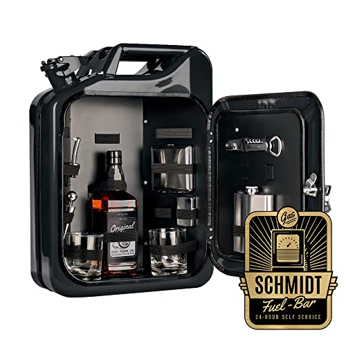 AMAVEL Kanister Bar 20 l mit Plakette und Namensgravur, Schwarzer Benzinkanister Minibar mit 8-teiligem Zubehör-Set, Barschrank im Vintage Look inkl. 2 Gläsern und Flaschenhalter