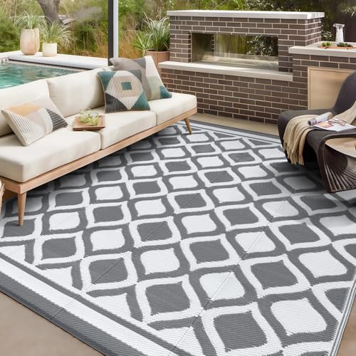 VK·LIVING Outdoor Teppich Wetterfest 120X180cm Kunststoff Stroh Reversible Garten Outdoorteppich Langlebig & UV Beständig Moderne Leichte Outdoor Matte für Balkon Terrassen Camping Hof RV Grau&Weiß
