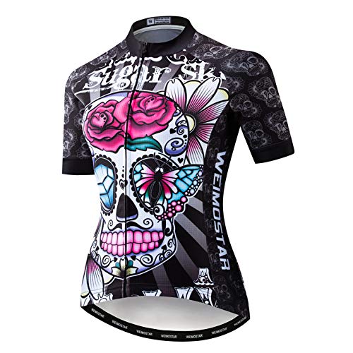 Weimostar Fahrradtrikot Damen Radtrikot Fahrradoberteil Fahrradhemden Kurzarm Lady Fahrradbekleidung rennrad Trikot Mountain Road Radsport-Bekleidung Tops Shirts Schädel Größe L