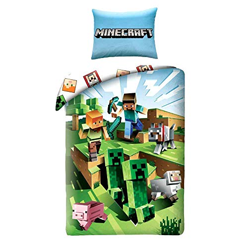 Halantex Minecraft Bett Set Kakteen die rennen Cactus Baumwolle Bettbezug,2 Stück, 140x200cm Und Kissenbezug 70x90cm Original