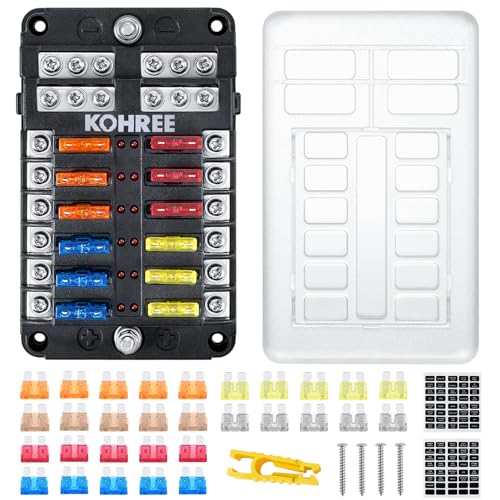 Kohree 12 Fach kfz Sicherungshalter 12 Volt, kfz Sicherungskasten 12V mit LED-Anzeige, 30 Sicherungen, Sicherungsclip, Aufkleber, Schrauben, 12V Fuse Block für Auto, Boot, Boot, Wohnmobil