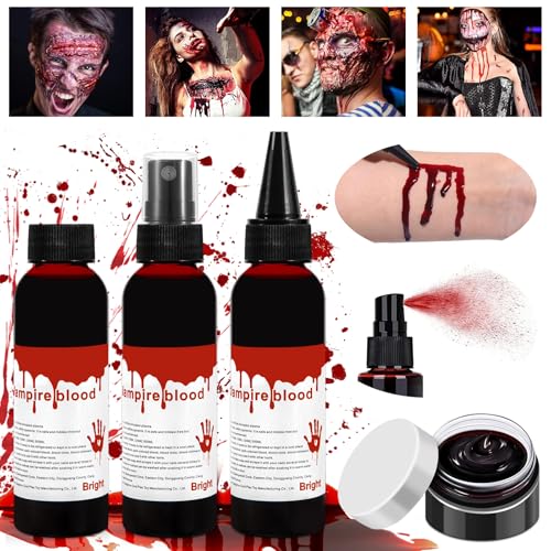 AQXONG Halloween Kunstblut, Realistisches Kunstblut, 4Pcs Kunstblut Set, Waschbares Kunstblut, Künstliches Kunstblut Geeignet für Karneval, Filme, Theaterstücke, Streiche, simulierte Verletzungen