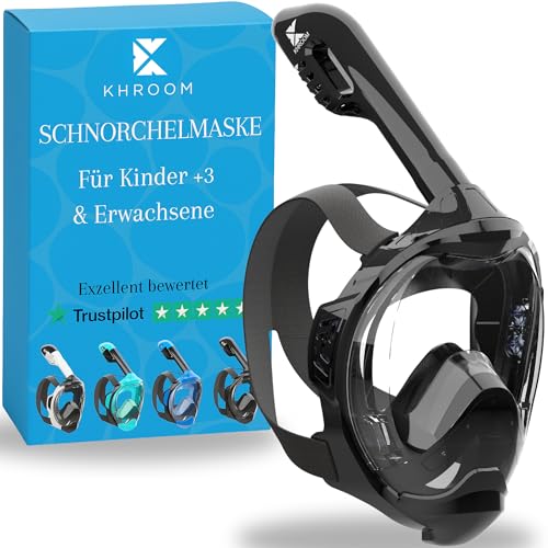 Khroom Schnorchelmaske Erwachsene & Kinder ab 3 Jahre | CO2 sicher | Vollgesichtsmaske mit Easy-Breath System | Schnorchelset Alternative | Seaview Y Tauchmaske Erwachsene / Kinder (S/M Schwarz)