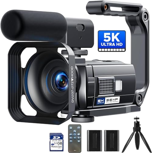 Videokamera 5K 56MP Camcorder Vlogging Kamera für YouTube,WiFi Nachtsicht 3' 270° drehbarer Touchscreen Video Vlogging Camera mit 64GB Karte, Mikrofon, Stabilisator, Fernbedienung,2 Batterien,Stativ