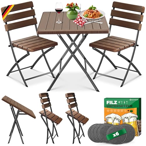 KESSER® Bistroset 3-teilig Balkontisch mit 2 Stühlen | Balkonmöbel Wetterfest & UV-beständig Balkonset klappbare Sitzgruppe | Beschichtetes Stahl & Holz-Optik | Gartenmöbelset mit 6 Filz-Untersetzer