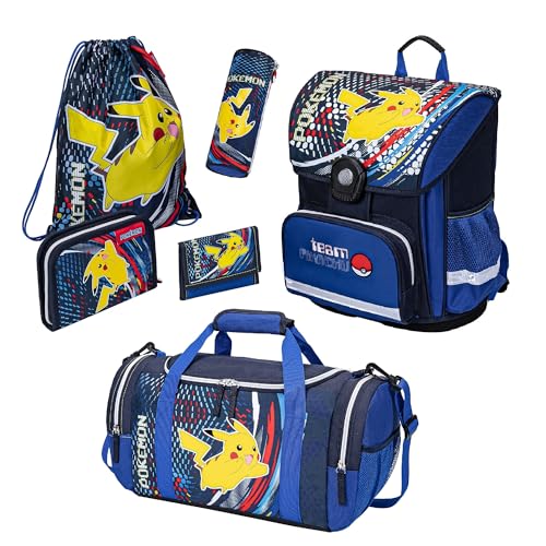 Familando Pokemon Schulranzen für die 1. Klasse · Schultasche mit Pikachu für Jungen und Mädchen · Kompakt und Leicht im Set mit großer Sporttasche (6-teiliges Set)
