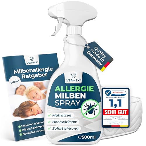 VERMEX® Allergiker Milbenspray für Matratzen 500ml inkl. Profi Videoanleitung - Anti Milben Spray zur Reduktion von Hausstauballergie auslösenden Faktoren im Bett - Made in DE