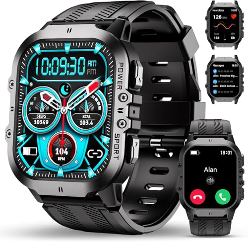 OUKITEL Smartwatch Herren Militär mit Telefonfunktion, Fitnessuhr 5ATM Wasserdicht mit Blutdruckmessung, Sportuhr 120+Sportmodi mit SPO2/Pulsmesser/Schrittzähler, AMOLED Touchscreen für iOS/Android