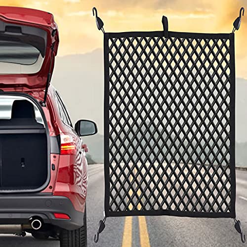 SanLead Gepäcknetz, 2-IN-1-Gepäcknetz Auto, 60×40CM, Dehnbares Doppellagiges Kofferraumnetz, Hohe Festigkeit Und Strapazierfähigkeit, Mit 4 Haken, Kofferraumnetz Geeignet Für Van/SUV/LKW