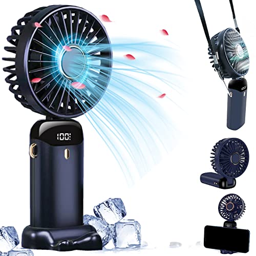 HNGEMSY Handventilator, Mini Ventilator USB Tischventilator klein Wiederaufladbare 5000 mah Persönliche Tasche Schreibtisch Ventilator mit LED Anzeige 11-21Hs leise Arbeiten für Büro im Freien (Blau)