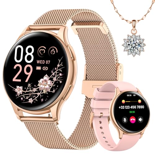 Sanorum Smartwatch Damen mit Telefonfunktion, Rund 1,27' HD Screen Armbanduhr mit 120+ Sport Pulsuhr SpO2 Schlafmonitor Menstruationszyklus IP68 Fitness Tracker Schrittzähler für iOS Android Roségold