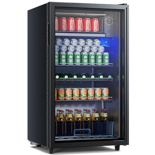 TRIUMPHKEY Getränkekühlschrank, 85L Kühlschrank klein mit blaue LED Beleuchtung, Bierkühlschrank mit Vollglas-Designtür, mit 4 Ablagen & Flaschenhalterung für Soda/Bier/Wine [Energieklasse E]