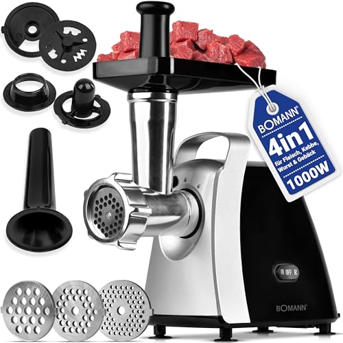 Bomann® Fleischwolf 1000W | mit Aufsatz für Plätzchen/Spritzgebäck | Fleischwolf elektrisch | 3 Metall-Lochscheiben | Vor- und Rücklauf | inkl. Wurstfüller | Metall-Hals u. Schnecke | FW 6067 CB