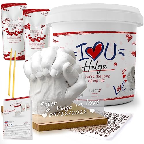 LALFOF 3d Handabdruck Set Für Paare Anpassbar mit NAME. Gips Handabdruck Set Paare mit Personalisiertes Namensschild.Gibshandabruck Für Paare, Gipsabdruck Hände Paar.Couple Geschenke mit Holzsockel