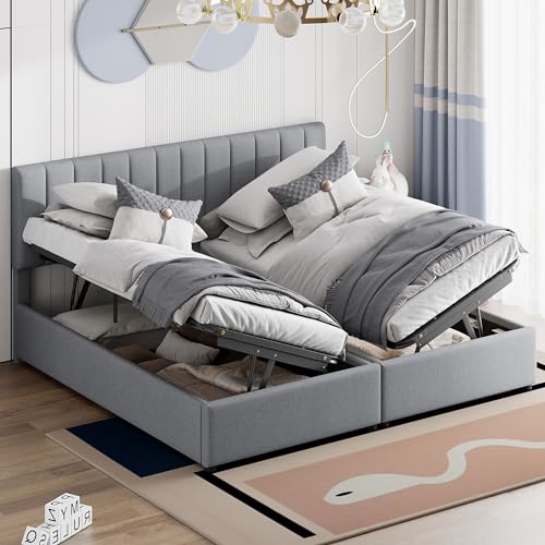 Boxspringbett Polsterbett 180x200 cm, Gepolstert Bett mit Großer Stauraum und Kopfteil, Doppelbett mit 2 Bettkästen und Lattenrost, Stauraumbett Jugendbett Bettrahmen, Leinen, Grau, ohne Matratze