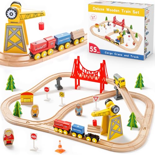 Tiny Land 55Pcs Holzeisenbahn Set, Eisenbahn Holz für Kinder mit Kran, Kombinierbar Zug Spielzeug, Holzeisenbahn Zubehör Passend für Alle Großen Marken, Holzzug Spielzeug für Kinder ab 2~5