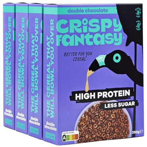 Crispy Fantasy Protein Cerealien, Schokolade, Glutenfrei, Vegan, Wenig Zucker, Ballaststoffreich, Pflanzlich, Gesundes Frühstück für Kinder, Erwachsene, 8 g Protein pro Portion, 4 Schachteln