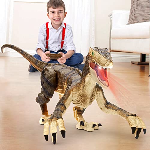 FRUSE Ferngesteuerter Dinosaurier Spielzeug, 2.4 GHz Realistische Velociraptor Roboter mit Gehen, Brüllen und LED-Licht,Dino Spielzeug für Jungen 3, 4, 5, 6,7,8,9 Jahre alte Kinder