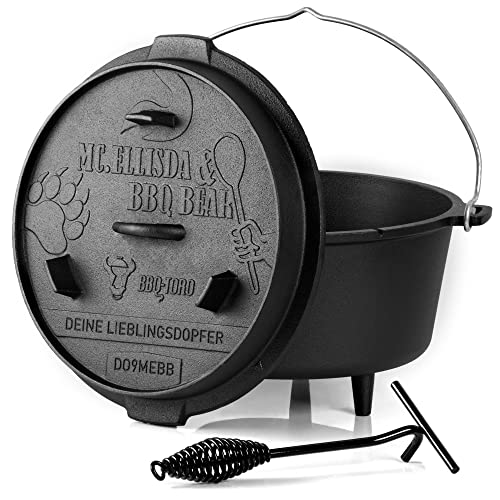 BBQ-Toro Dutch Oven 9 Liter | Mc.Ellisda und BBQ Bear Sonderedition 'Deine Lieblingsdopfer' - DO9MEBB | bereits eingebrannt - preseasoned | Dutch Oven Feuertopf Gusseisen Topf Grilltopf Gusseisen