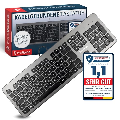 freeVoice PC Tastatur mit USB Kabel [Flache Tasten, leise] Kabelgebundene Tastatur deutsches Layout, ohne Klickgeräusche, 100% qwertz Keyboard für (Home) Office