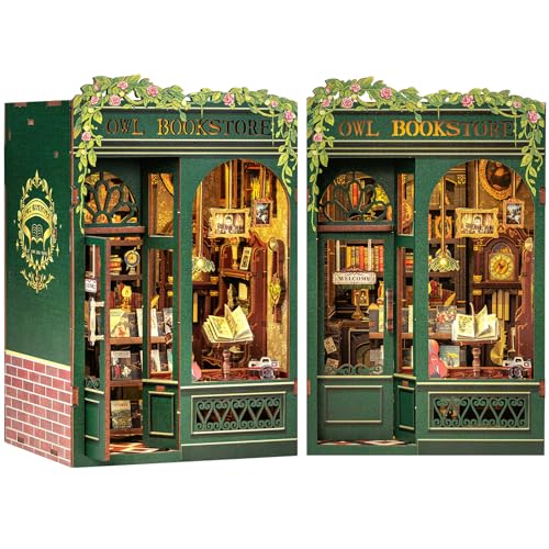 Cutefun DIY Book Nook Kit - Puppenhaus Kitaus Holz mit Staubschutzhülle,DIY Miniatur Puppenhaus Bücherecke Bibliothek Häuser Modellbausätze mit LED Leuchten Bücherregal Dekor, OWL Bookstore