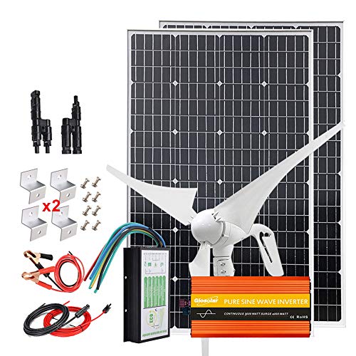 600 Watt Solar-Windset, 12 V, Komplett-Set mit 2000 W Inverter: 1 x 400 W Windturbinengenerator + 2 x 100 W Mono-Solarpanel, hohe Effizienz + PWM-Laderegler + Kabel + Halterung