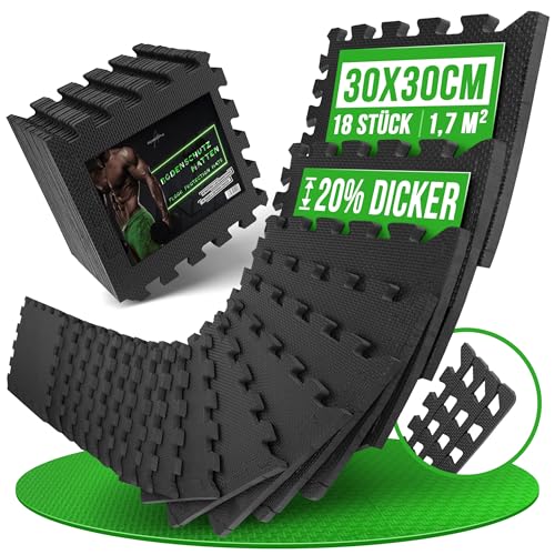 AthleticPro Bodenschutzmatte Fitness [30x30cm] - 18 extra dicke Bodenmatten [20% mehr Schutz] - Rutschfeste Schutzmatten für Fitnessraum&Fitnessgerät