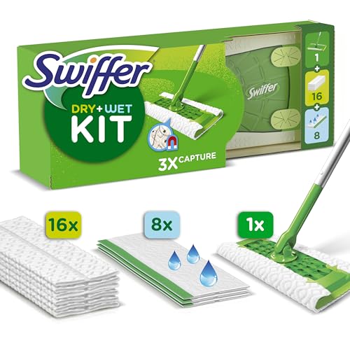 Swiffer Bodenwischer Dry & Wet Starter-Set Zum Reinigen Von Hartholz Und Böden, Enthält: 1 Bodenwischer, 16 Trockene Bodentücher, 8 Feuchte Bodentücher