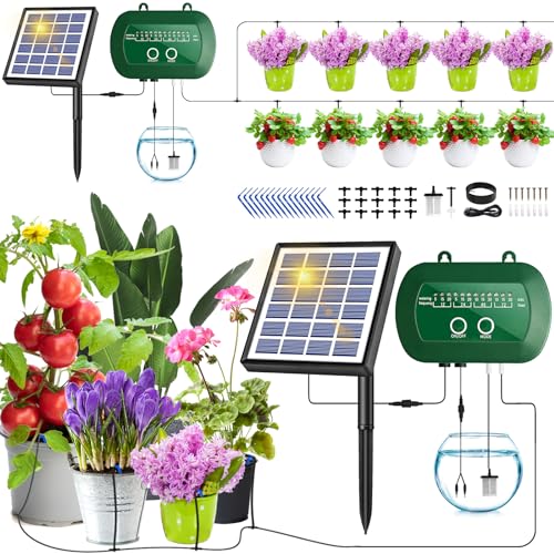 AIBISTAR Solar Bewässerungssystem, 2024 Aufgewertet Automatische Bewässerung für Garten, 12 Timing Modi Tropfbewässerungssystem, Mit 15M Tropfbewässerungsrohr, Für Gärten, Balkone, Topfpflanzen