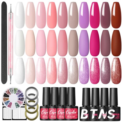 COSCELIA UV Nagellack Set 23 Stücken, 10 Farben Weiß Nude Rot Rosa Farbgel für Gellack Nageldesign Kit und 4pcs Base Coat Top Coat, Nailart Werkzeuge Gel UV Set für Maniküre Nageldesign