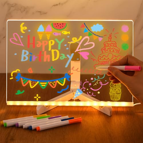 Gaethra LED Schreibtafel mit 7 Farben Stiften, Acryl Notiztafel mit Beleuchtung & Ständer, Leuchtschreibtafel zum Zeichnen, Schreiben & als Memoboard Abwischbar & Wiederverwendbar, 30×20 cm