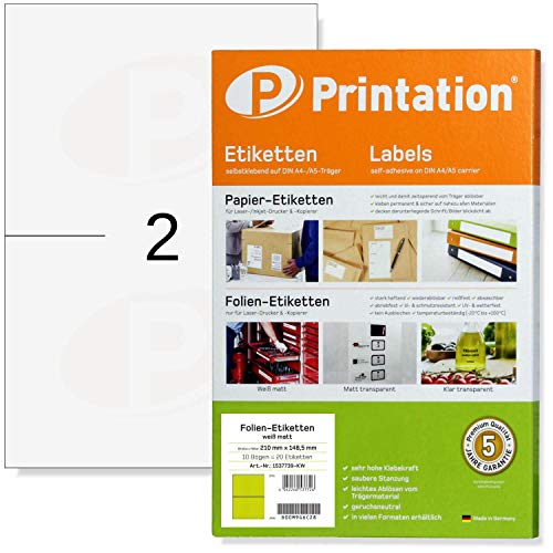 Printation Folien-Etiketten wasserfest selbstklebend 210 x 148 mm matt weiß A5 auf DIN A4-1x2 2 Aufkleber pro A4 Bogen - 20 Klebeetiketten 210x148 wetterfeste Klebe-Folie mit Laserdrucker bedruckbar