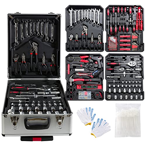 Arebos Aluminium Werkzeugkoffer gefüllt | Werkzeug-Set 1200-tlg | Rollkoffer Tragekoffer | Werkzeugtasche für Haushalt,Garage & Werkstatt | Werkzeugkiste mit 4 Fächern & Teleskopgriff | Silber