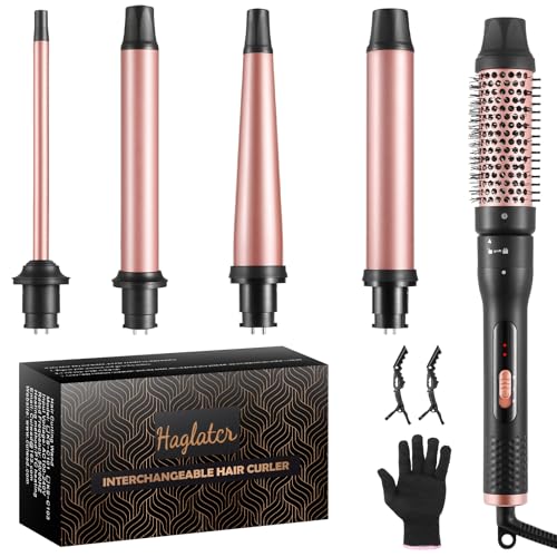 Lockenstäb 5 in 1, Haglater Keramik Lockeneisen mit Multifunktion Lockenbürste, Lockenstabe mit Verschiedenen Aufsätzen Große und Kleine Locken 9-38mm