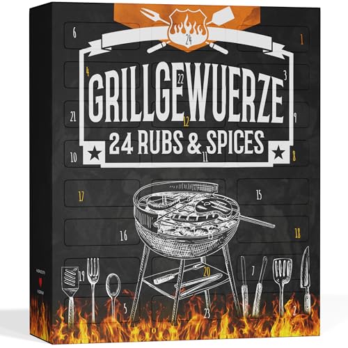 BIO-Qualität BBQ Gewürze Adventskalender I Weihnachtskalender 2024 mit 24 edlen Barbecue Gewürzspezialitäten I Premium BBQ Adventskalender Männer