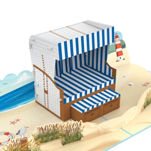 MOKIO® Pop-Up Karte – Strandkorb – 3D Geburtstagskarte für einen Nordsee oder Ostsee Urlaub, als Gutschein für eine Reise ans Meer