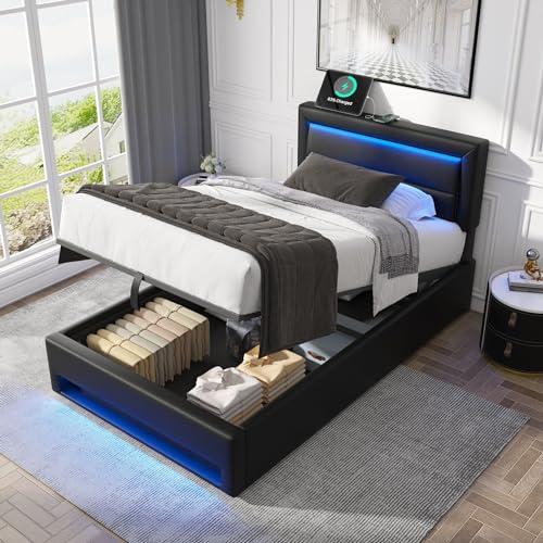 Dolamaní Boxspringbett 90 x 200 cm mit Bettkasten und große Stauraum, Polsterbett mit Kopfteil und Fußteil mit LE/D, Stauraumbett für Erwachsene & Jugendliche, PU (Schwarz)