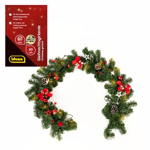 Idena 30547 - LED Tannengirlande mit 20 LEDs in Warmweiß, ca. 1,8 m lang, mit 6 Stunden Timer-Funktion, batteriebetrieben, Deko für Innen, Advents- und Weihnachtsdeko