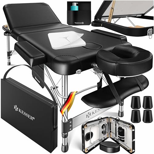KESSER® Mobile Massageliege 70 cm Breit klappbar & höhenverstellbar 3 Zonen Massagebett Massagetisch Kosmetikliege Therapieliege Aluminium + 10x Gesichtsauflage mit Kopfstütze Armlehnen Tasche Schwarz