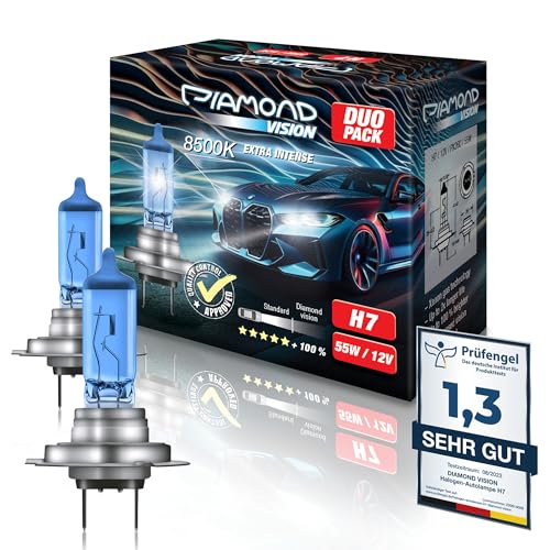 Diamond Vision 2x H7 Lampe Auto H7 12V 55W | 8500K Xenon Look Kaltweiß | Halogen KFZ Autolampen | zweimal so langlebig | Duobox | E-Prüfzeichen | PX26D