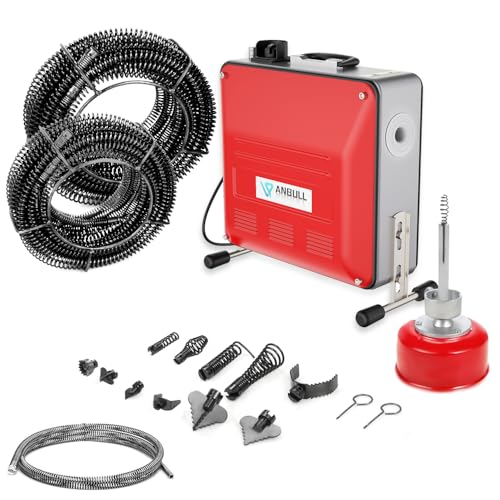 Anbull 850W elektrische Rohrreinigungsmaschine mit 14m Ø22mm,14.5m Ø16mm, 5m Ø10mm Spirale für Ø20-200 mm Rohrleitungen,450U/M Rohrreiniger, rohrreinigungsspirale,Riemenantrieb