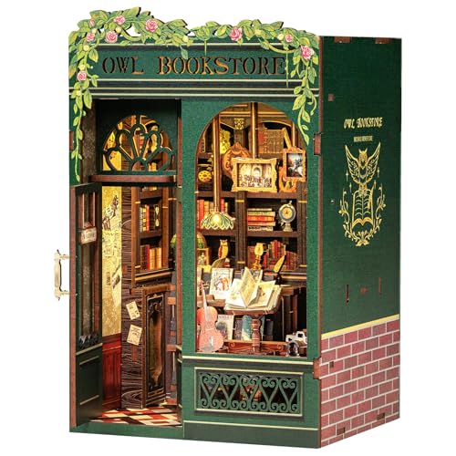 CUTEBEE Book Nook Kit - DIY Puppenhaus Häuser, Miniatur Haus Selber Bauen für Erwachsene mit LED-Licht, 3D Puzzle & Buchstütze | Kreatives Bücherregal-Deko-Set (Owl Bookstore)