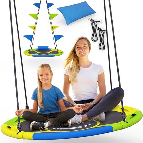 ONBEST große Nestschaukel Ø 120cm - mit abnehmbaren Fähnchen, extra Kissen, dickem Polster und sicheren Halteschlaufen – Tellerschaukel für Outdoor & Indoor – Hängeschaukel – Sicherer Schaukel Spaß