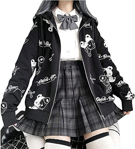 Damen Anime Kapuzenpullover Langarm Japan Goth Hoodie E-Girl Streetwear Teenager Mädchen Y2K Gothic Sweatshirt Pullover Aesthetic Tops
