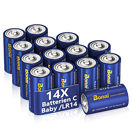 BONAI Longlife C Baby Batterien Alkaline 1,5V (14er-Pack) 7000mAh Hohe Kapazität Babyzellen Typ C-Alkalibatterien, 10 Jahre Haltbarkeitsdauer, Auslaufsicher LR14