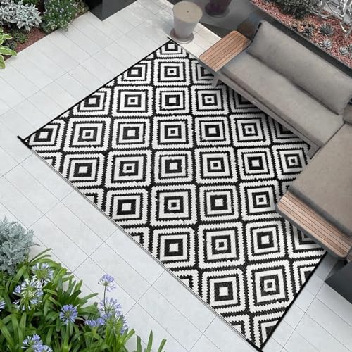 Famibay Outdoor Teppich Wetterfest Outdoor Teppich Balkon Camping Wasserfest Schwarz Weiß Kunststoff Wendbar Leicht Outdoorteppich für Terrasse Garten Balkon Camping Innen Außen