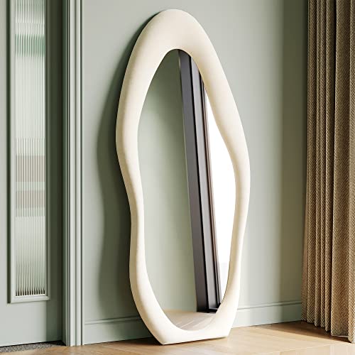 Asymmetrischer Spiegel Groß Standspiegel Ganzkörperspiegel,Wandspiegel Ganzkörperspiegel,Spiegel mit Flanell umwickelter holzrahmen,Hängend oder kippend,Weiß 160x60cm
