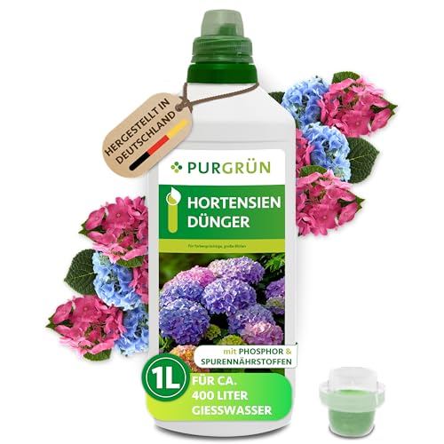 Purgrün® Hortensiendünger 1 Liter – Wirkt schnell & zuverlässig – Wunderelixier für Farbexplosion & Vitalität – Gesundes Wachstum dank Spurennährstoffen – Premium-Blumendünger für 400 Liter Wasser